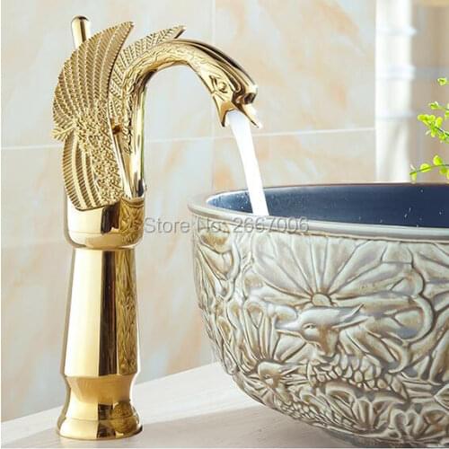 Free Shipping 12" Countertop Basin Faucet Copper Golden Polished Swan Faucets Bathroom Faucet Crane Mixer Tap torneiras ZR476