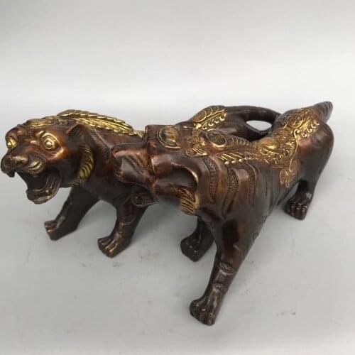 Christmas Old Chinese bronze Gilt auspicious Feng Shui wealth coin bat tiger animal statue halloween