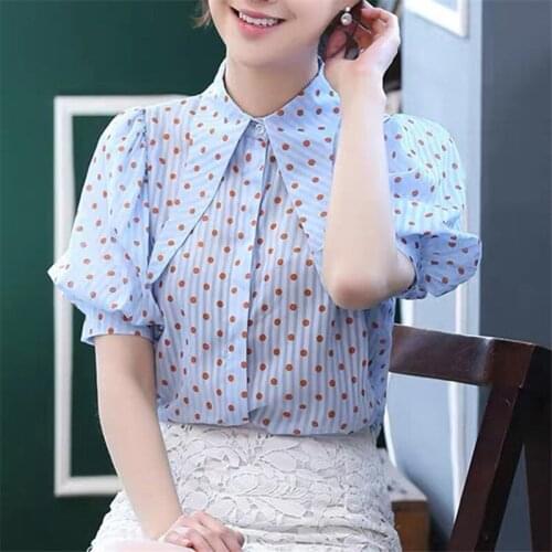 Dots Chiffon Shirts Women Summer All-Match Elegant Short Sleeve Pointed Collar Blouses Lace Tops Blusas Fashion MMM0987