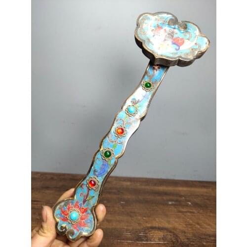 Home Decor 10"Tibet temple Old Bronze Cloisonne Filigree Enamel mosaic Gem Lucky Ruyi Desirable Bat pattern Ornaments Town House