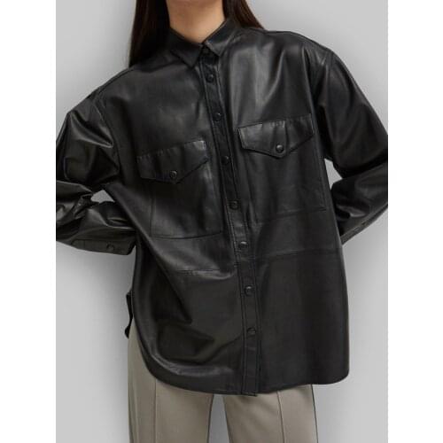 [ElfStyle] - Novella Artificial leather shirt black button-up collar press button Front Chest Pockets Uneven hem Overshirt Tops