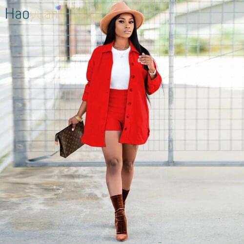 HAOYUAN Sexy Two Piece Set Long Sleeve Button Long Coat Shorts Fall Winter Clothes Birthday Outfits for Women Fashion Streetwear