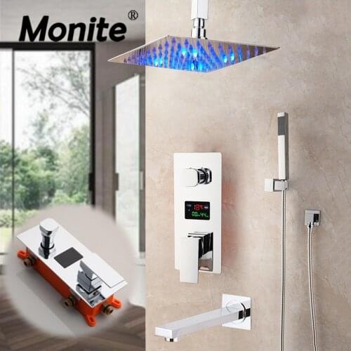 Monite Chrome Polished Bathroom Shower Faucet Ceiling Mounted Rainfall Shower Head 2 & 3 Funcs Digital Display Mixer Shower Set