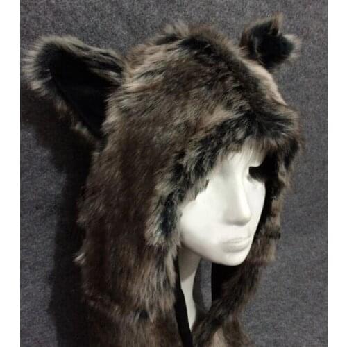 Faux Rabbit Fur Winter Hat for Women Men Skullies Beanie Animal Hat Ear Flaps Wolf Plush Warm Cap with Long Scarf Mittens Gloves
