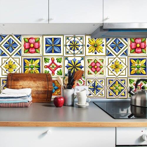 Colorful Watercolors Style Ceramic Tiles Wall Sticker Stair Kitchen Decoration Wall Decal Peel & Stick Floral Ornament Art Mural