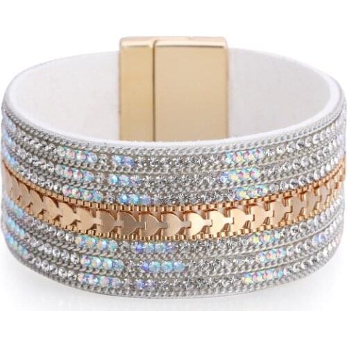 ORNAPEADIA Hot Sale Popular Full Diamond Bracelet Leather Wide Side Magnetic Buckle Exaggerated All-match Personality Bracelet