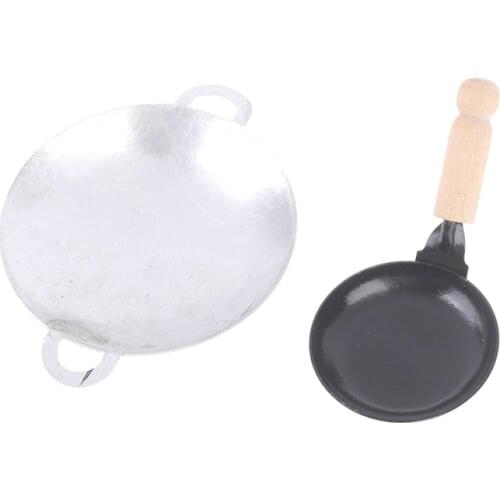 New！1/12 Scale Miniature Simulation Tin Pan Wooden Handle Frying Pans Cooking Pot Cookware Kitchen Toys Accessories Dollhouse