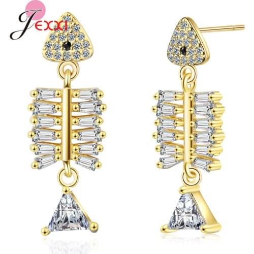Temperament Gold Color Silver Fishbone Dangle Earrings 925 Sterling Silver Cubic Zircon Earring Jewelry For Women