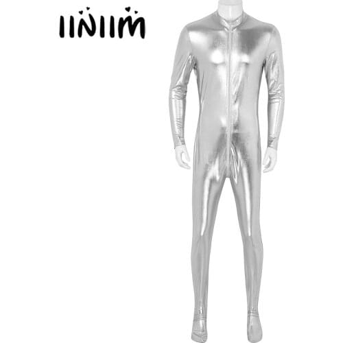 Mens Body Sexy Skinny Metallic Gay Jockstraps Bodystocking Closed Stretchy Full Bodysuit Clubwear Costumes for Halloween Party