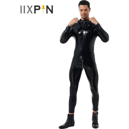 Mens Lingerie Sexy Stretchy Skinny Jumpsuits Full Hooded Bodysuit Zipper Back Patent Leather Sexy Clubwear for Stage Performance