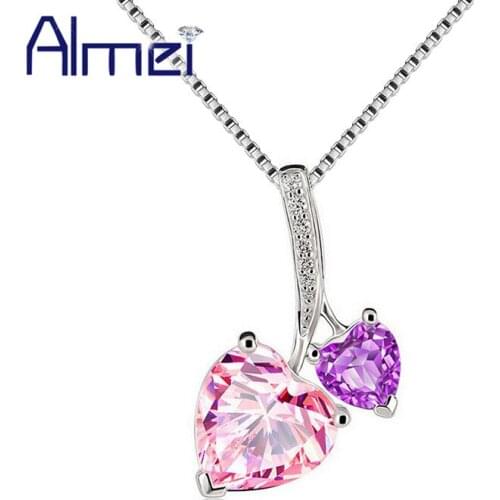 Almei 40% Off Heart Cherry Sterling Necklace For Women 925 Silver Pink Zircon Necklaces & Pendants Jewelry Chain With Box YA210