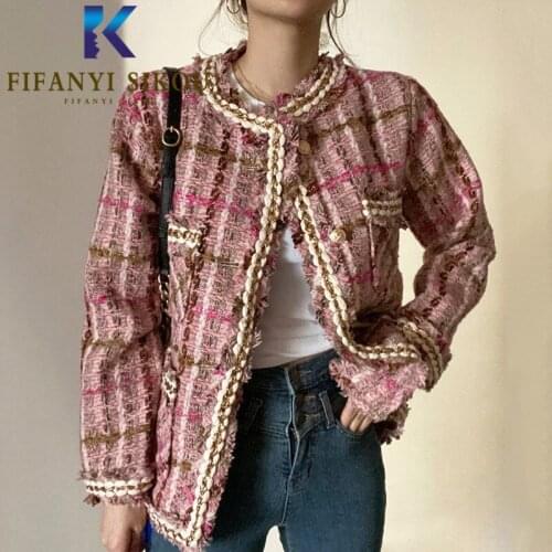 Tweed Jacket Women Autumn Winter Plaid Short Coat Metal Button O-Neck Pocket Fashion Chic Woolen Jacket Ladies Loose Outerwear