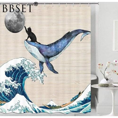 Funny Animal Shower Curtain Cat Riding A Whale and Touching The Moon Pattern Waterproof Multi-size Douchegordijn Bathroom Decor