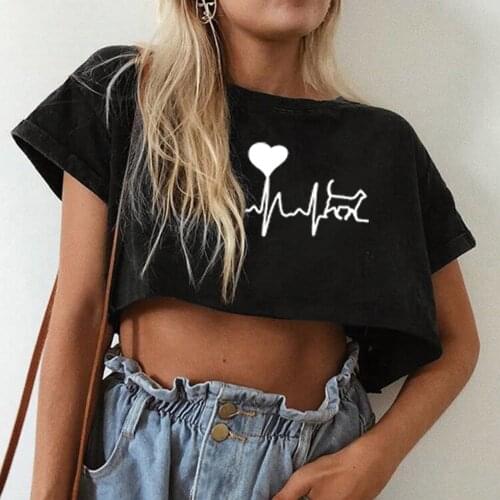 2021 Casual Women Crop Tops ECG Love Heart Print Funny TShirt Women Short Sleeve Summer Harajuku Femme T-shirt Aesthetic Clothes