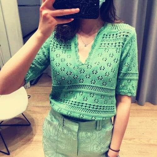 Womens summer green knit top fall short-sleeved V-neck elegant office clothes French brand womens knitted pullover