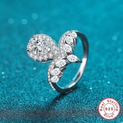 Geoki Luxury 925 Sterling Silver Perfect Cut Passed Diamond Test 1 Ct D Color VVS1 Moissanite Water Drop Wedding Ring for Women