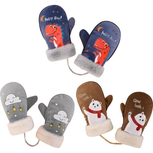 Winter Childrens Cold And Warm Plus Velvet Gloves For Boys And Girls Cartoon Cute Arctic Velvet Mittens Lanyard