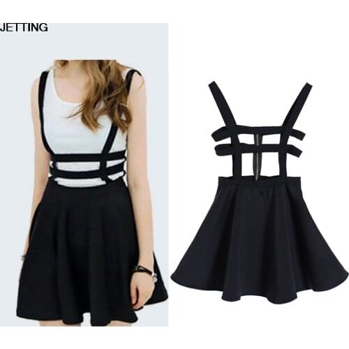 1Pcs Fashion Preppy Style Black Suspender Skirts Women Pleated Short Braces Skirt Back Zipper Hollow Out Skirt Hot Seller