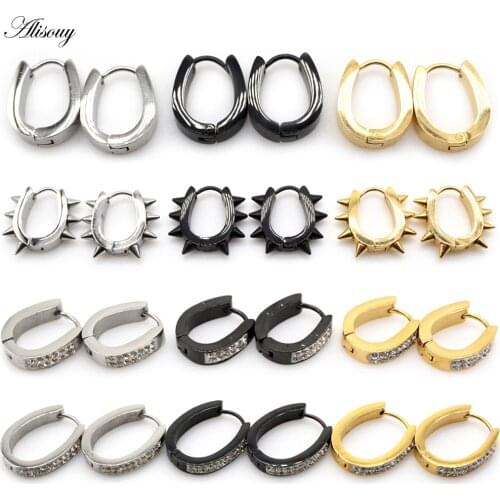 Alisouy 2pcs Crystal U Pattern Oval Rivet Cone Stainless Steel Women Men Huggies Ear Buckle Hoop Earring Unisex Piercing Jewelry
