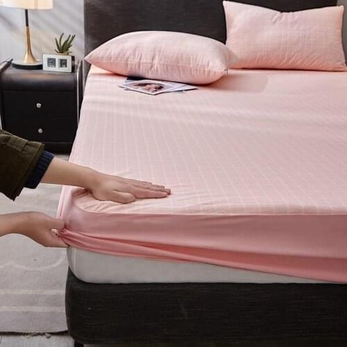 Bonenjoy Waterproof Bed Sheet With Elastic Pink Color Terry Fabric Mattress Cover Queen Size Plaid Fitted Sheets(No Pillowcase)
