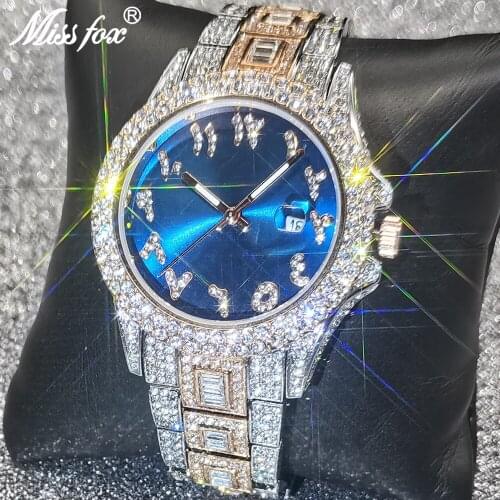 MISSFOX Blue Watches Men Luxury Brand Big Dial Watch Luxurious Diamond Classic Elegant Large Womens Wrist Watches Dropshipping