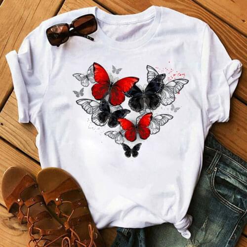 Red and Black Butterfly Heart Print T Shirt New Women T Shirt Fashion Summer Tops Tee Female Harajuku T-shirt Women Tee Shirts