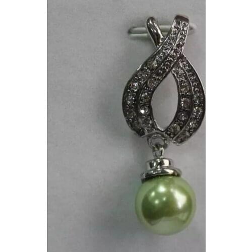 Fashionable zircon metal silver plated 12mm emerald green shell pearl necklace pendant