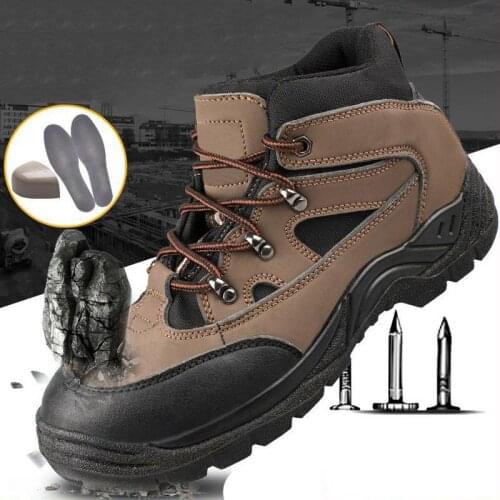 Mens Safety Khaki Shoes And Hat Steel Head Safety Shoes Smash-Proof Stab-Resistant Breathable Leather Soft Work Boots DXZ091