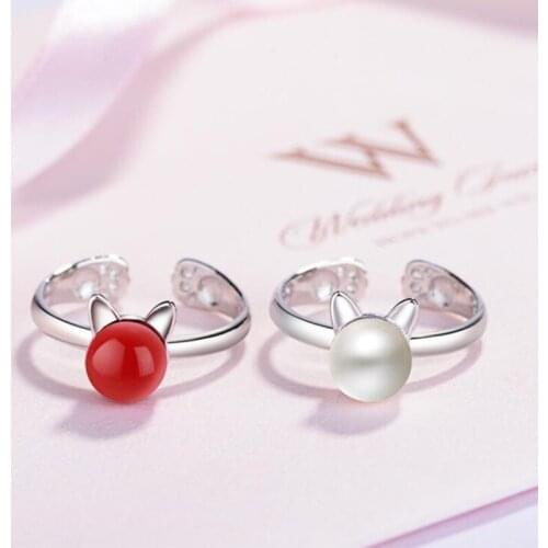 New Arrival Creative Cute Beautiful 925 Sterling Silver Jewelry Cat Ear Temperament Fashion Two Colors Pearl Opening Rings R348