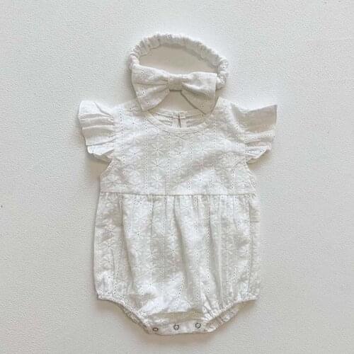Baby Girls Clothes New Summer Flower Embroidery Flying Sleeves Bodysuit Cotton Infant Girls Jumpsuit Outfit Send Headband
