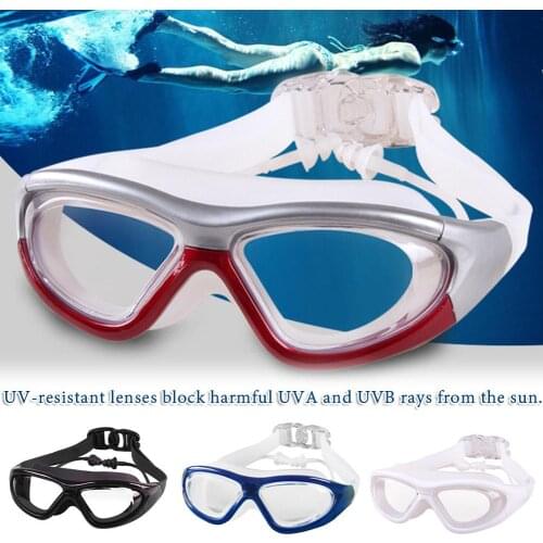 Swimming Goggles Large Frame Transparent Antifog Waterproof UV Protection Swimming Goggles Earplugs Goggles 2 In 1