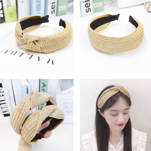 Wholesale 30 Colors New Bohemia Raffia Straw Headbands for Women Plain Color Wide Cross Hairband Knot Headband Girls