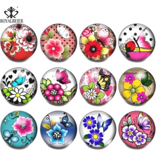 ROYALBEIER 12pcs Mixed Flower Pattern&Styles Charms Glass beautiful Snaps Fit 18/20mm Handmade Bracelet Making Gifts KZa003
