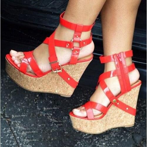 Carpaton Cut-out Solid Color Buckle Wedge Sandals Summer Open Toe Platform Shoes Sexy Cutouts Ankle Strap Gladaitor Sandals
