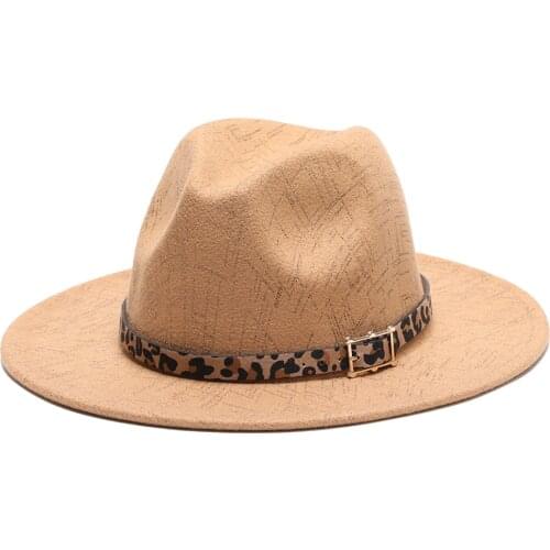 2021 High Quality Fashion Woolen women Felt Jazz Fedora Hats with Leopard Belt stripe Wide Brim Panama men hot Party wedding Cap