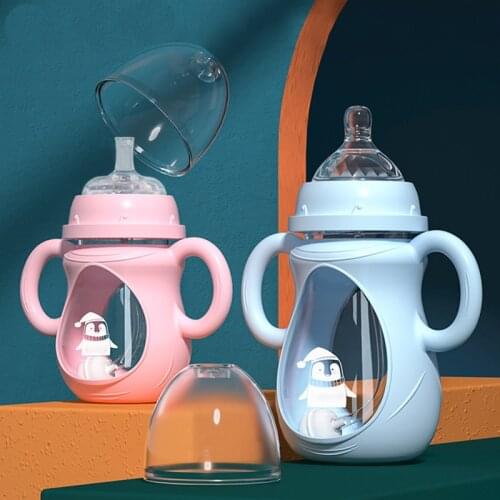 Glass Baby Bottles Anti-Colic Breastfeeding Bottles With Handle BPA Free Newborn Baby Feeding Silicone Straw Water Drink Bottle