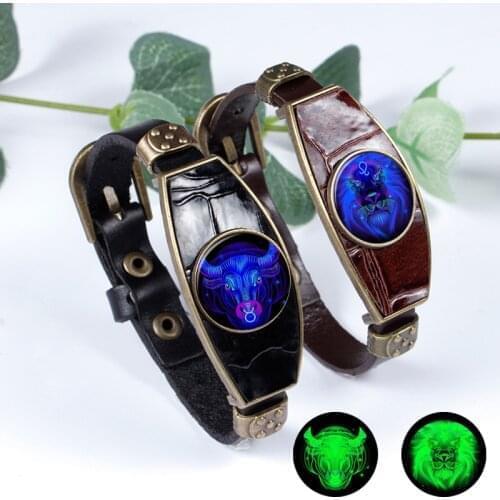 12 Constellation Zodiac Sign Leather Luminous Bracelet Glowing In The Dark Glass Dome Bracelet Jewelry Punk Men Bracelet