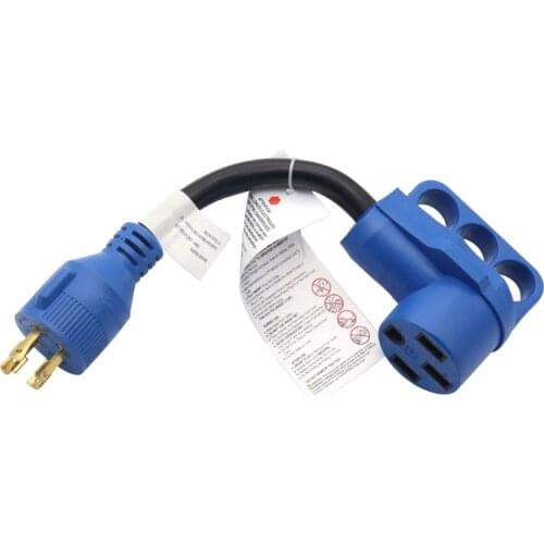 Universal 30A to 50A RV Power Cord Adapter Dogbone Electrical Converter with Disconnect Handle Blue
