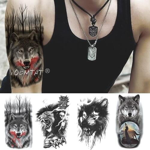 Blood Forest Wolf Temporary Tattoo Sticker Lion Crown Tiger Waterproof Tatto Warrior Soldier Body Art Arm Fake Tatoo Men Women