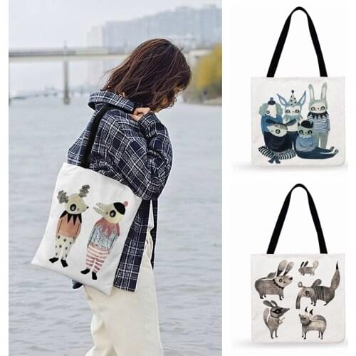 Dancing Animals Nordic Fun Illustration Print Tote Bag For Women Casual Tote Outdoor Shopping Bag Beach Bag Ladies Shoulder Bag
