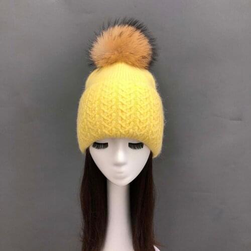 Winter High Quality Thick Warm Hat Twist Flanging Long Rabbit Wool Hat Detachable Raccoon Ball Women Cap