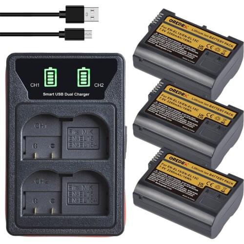 2280mAh EN-EL15 EN-EL15C EN EL15 EL15C Battery + Charger with Type-C and USB Port for Nikon Z6, Z7, D500, D600, D610, D750, D800
