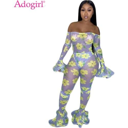 Adogirl Floral Print Sheer Mesh Women Sexy Jumpsuits Slash Neck Off Shoulder Flare Sleeve Foot Cut Pants Night Club Rompers