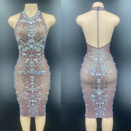 Shining Inlaid Rhinestones Women Dresses Tight Bag Hip Mesh Plaid Print Dresses Evening Prom Outfit DJ DS Light Dance Wear