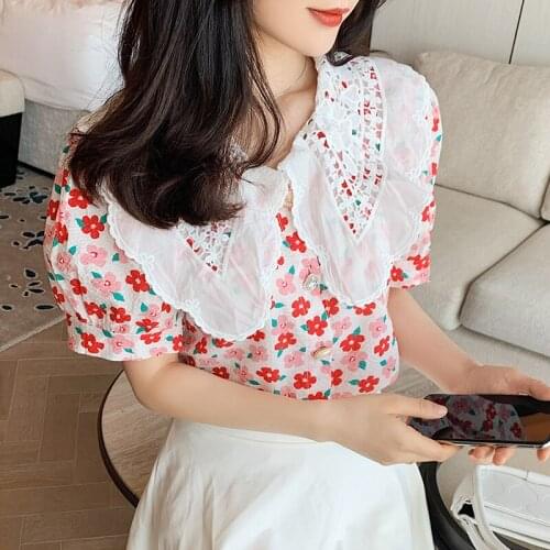 Summer Baby Collar Top Sweet Chiffon Shirt Flower Soft Print Top Female Camisa Feminina Blouses For Women Fashion Noveltie