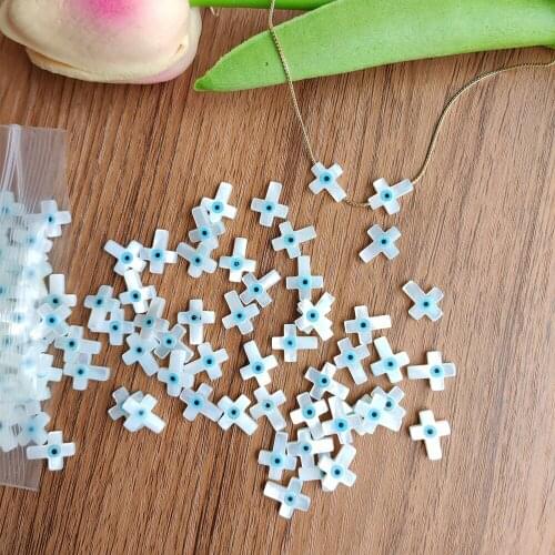 20pcs Free Shipping Natural Mother Of Pearl Shell 9*11mm Cross Stone Evil Eye Cross Shape Side Hole Shell Beads For DIY Jewelry