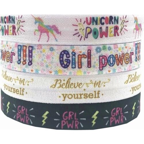 New 10Yards Rainbow Unicorn Print Fold Over Elastic Girl Power Print FOE Ribbon For DIY Sewing Headwear Party Decorations 16mm