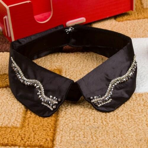 Cotton All-match Black Blue Fake Collar Women Ladies Lapel Shirt Blouse Rhinestone Beads Chain Sewing Detachable Collars Ties