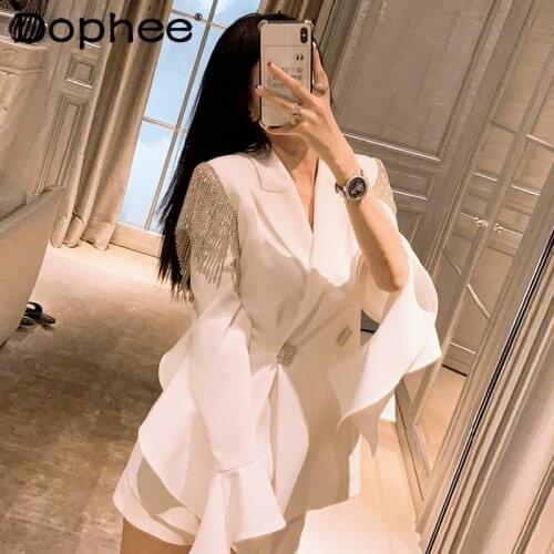 Graceful Fashionable Tassel Drill Buckle White Small Suit Coat Jacket Top Womens Summer Thin Loose Casual Shorts Two-Piece Sets
