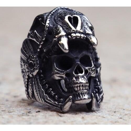 Retro Stainless Steel Biker Skull Ring Gothic Indian Jaguar Warrior Skull Rings For Men Fashion Heavy Metal Punk Biker Jewelry